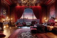 a bedroom with red walls and curtains, chandelier above the bed, two chairs on either side