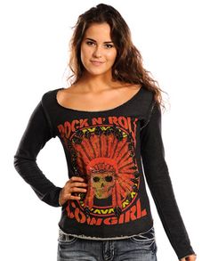 Rock N Roll Cowgirl Long Sleeve Tee shirt with Skull and Headdress Rock N Roll Cowgirl, Cowgirl Fashion, Boating Outfit, Long Sleeve Tee Shirt, Country Fashion, Sleeves Ideas, Preppy Casual, Cowgirl Outfits