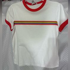 Nwt Forever 21 Rainbow Striped White Tee With Red Collar And Sleeve Detailing. Size Small. No Defects, Stains, Or Tears! Red Color Block T-shirt For Summer, White Color Block T-shirt For Spring, Spring White Color Block T-shirt, Red Cotton Color Block T-shirt, Red Color Block Tops For Summer, White Color Block Graphic Tee Top, Red Forever 21 Crew Neck Top, Forever 21 Red Crew Neck Top, White Color Block Graphic Tee