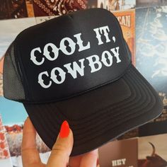 Cool It Cowboy Trucker Hat Elevate Your Style With High-Quality Hats, Shipped Fast! Cool It Cowboy Hat, Trendy Outdoor Snapback Hat With Letter Print, Trendy Trucker Hat For Outdoor, Trendy Snapback Hat With Letter Print For Outdoor, Trendy Outdoor Baseball Cap, Trendy Brimmed Baseball Cap For Outdoor, Trendy Letter Print Snapback Hat For Outdoor, Trendy Flat Brim Baseball Cap With Letter Print, Nashville Trucker Hat