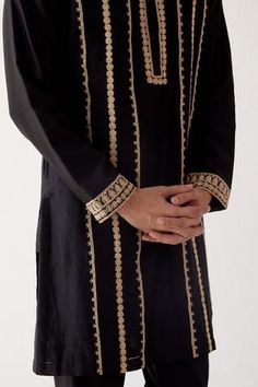 Shop for Devnaagri Black Chanderi Dori Embrioidered Kurta Set for Men Online at Aza Fashions Cotton Churidar, Dori Embroidery, Dori Work, Chanderi Kurta, Kurta Set For Men, Types Of Work, Luxury Sale, Churidar, Kurta Set