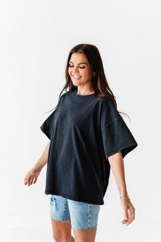 Features Round Neck Short Sleeves Black Color 100% Cotton Size + Fit Small 0-4, Medium 4-8, Large 8-12 Kristin is 5'4", a size 1 and is wearing a Small Oversized fit, size down if you want less oversized. Above recommendation is for an oversized fit. Click here for shorts Oversized Soft-washed Black T-shirt, Oversized Washed Black Top, Oversized Washed Black Cotton Tops, Oversized Washed Black Casual Top, Washed Black Relaxed Fit Top With Drop Shoulder, Washed Black Drop Shoulder Top With Relaxed Fit, Relaxed Black Oversized Tops, Relaxed Black Short Sleeve Top, Black Washed Top For Everyday