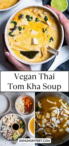 thai Tom Kha Thai Coconut Curry Soup Vegan, Vegetarian Tom Kha Soup, Firm Tofu Soup, Vegan Tom Kha Soup, Vegan Tofu Soup, Vegan Caldo, Vegan Tom Yum Soup, Tom Kha Kai, Tom Kha Soup