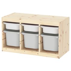 a wooden shelf with three white buckets and two grey plastic containers on the bottom