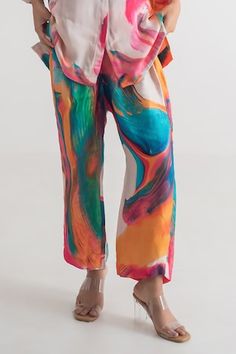 Multi-colored modal silk shirt with abstract print. Comes with pant. - Aza Fashions Summer Silk Printed Pants, Summer Silk Printed Bottoms, Multicolor Silk Sets For Summer, Multicolor Silk Summer Sets, Multicolor Abstract Print Wide Leg Bottoms, Multicolor Wide Leg Bottoms With Abstract Print, Summer Multicolor Viscose Set, Spring Multicolor Abstract Print Bottoms, Multicolor Straight Pants Sets For Summer