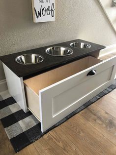 an elevated dog bowl with two bowls in it