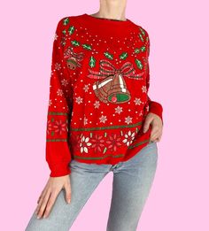 Vintage 90s Christmas Sweatshirt  FREE SHIPPING  Pullover closure with bells, holly and poinsettias. Great condition Brand - Nutcracker  Tag size - Medium Seen on size Small Measurements (laying flat) Chest - 22.5 in Length - 26.5 in  Sleeve length - 18 in #vintagechristmassweater #christmassweatshirt #uglychristmassweater #holidaysweater #christmassweater  *i try to include all noted flaws, but vintage is expected to have some wear from age and use (please ask all questions before buying) Vintage Christmas Crew Neck Top, Vintage Crew Neck Top For Holiday, Vintage Crew Neck Holiday Top, 90s Christmas, Vintage Christmas Sweaters, Amarillo Tx, Womens Sweatshirts, Buy Jeans, Holiday Sweater