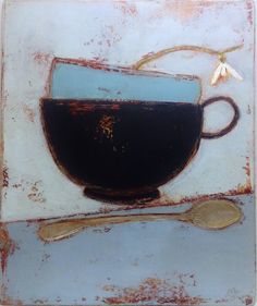 a painting of a coffee cup and spoons on a blue plate with rusted edges