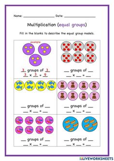 the worksheet for multiplition equal groups is shown in purple and blue