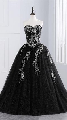 Black ball gown with white appliques and sequins for prom or quinceanera LD3155#fashion #partydress #straplessdress #cocktaildress #weddingguest #musthave #summerdress #affordablefashion