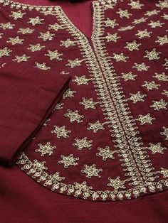 Maroon yoke design kurta with palazzos and dupattaMaroon zari sequinned yoke design straight calf length kurta, has a round neck, three-quarter sleeves, side slitsMaroon solid palazzos, has partially elasticated waistband, slip-on closureMaroon solid dupatta, has zari taping border Embroidery Yoke Design, Design Kurta, Neck Patterns, Yoke Design, Embroidered Kurti, Exotic Women, Beautiful Dress Designs, Embroidery Designs Fashion, Bead Embroidery Jewelry