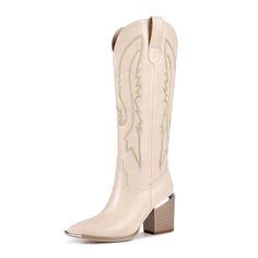 PRICES MAY VARY. SIZE: Beige cowboy boots for women wide calf is 8cm/3.15 inches. For more size details, please refer to the size introduction in the pictures and details. DESIGN : The fashionable knee high cowboy boots for women feature unique Western embroidery and pointed design, restoring the classic style of denim boots. Our cowboy boots for women with metal toe have added a metal design on the toe, perfectly blending classic and fashionable elements to attract attention from others.The whi Beige Cowboy Boots, Tall Cowgirl Boots, High Cowboy Boots, Western Boots For Women, Girls Cowgirl Boots, Tall Western Boot, Knee High Cowboy Boots, White Cowgirl Boots, Cowboy Boots For Women