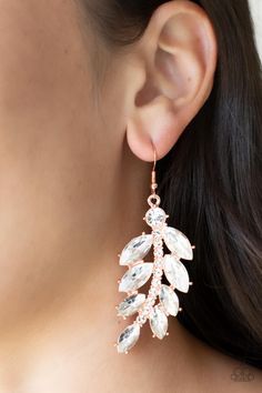 Oversized marquise cut white rhinestones fan out from a curved silver bar encrusted in glassy white rhinestones, resulting into a glamorously leafy statement piece. Earring attaches to a standard fishhook fitting. Ice Garden, Garden Gala, Copper Bar, Paparazzi Accessories, White Rhinestone, Silver Bars, Affordable Jewelry, Paparazzi Jewelry, White Earrings