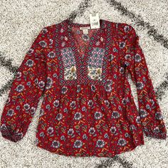 New With Tags Smoke And Pet Free Home Red V-neck Blouse For Fall, Casual Red Split Neck Top, Printed Chiffon Blouse, Teal Shirt, Short Sleeve Tunic Tops, Bohemian Blouses, Tie Front Blouse, Ruffled Sleeve Top, Long Puff Sleeves