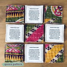 four pieces of fabric with different designs on them and instructions to sew each piece