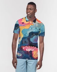 This is such a trippy-looking, colorful polo shirt! It features a psychedelic swirl design in blues with bursts of yellow and pink. Freak out the normies on the golf course, or trade-in your t-shirt for a step up on your next night out! Look sharp in this versatile polo, perfect for business casual or a polished weekender outfit. Our Men's Slim Fit Short Sleeve Polo features soft, breathable fabric with a close cut torso, tailored to show your natural physique. + Soft, breathable fabric + Polo collar + Four button placket + Short sleeves + Straight hem bottom SIZE & FIT + Slim fit, moderate stretch + Size up for a regular fit + Hits at hips + Model is 6'2" wearing a size Medium + Model chest size is 38" MATERIAL & CARE + Machine wash cold, tumble dry low + 95% Polyester, 5% Spandex, Jersey Summer Multicolor Collared T-shirt, Multicolor Abstract Print Casual T-shirt, Multicolor Collared Shirt With Vibrant Print, Fitted Multicolor Print Short Sleeve Shirt, Fitted Multicolor Shirt With Vibrant Print, Fitted Multicolor Vibrant Print Shirt, Vibrant Multicolor Print Shirt For Summer, Multicolor Collared Shirt With All Over Print, Casual Multicolor Shirt With Vibrant Print