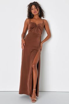 Brown Satin Maxi Dress - Sleeveless A-Line Dress - Satin Gown - Lulus Brown Dresses Formal, Fall Bridesmaid Dresses, Dress Wedding Party, Gathered Bodice, A Line Maxi Dress, Bridesmaid Party, Brown Satin, Maxi Dress Wedding, Satin Gown