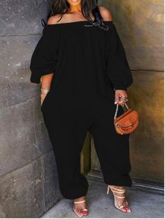 Lovely Leisure Loose Black Plus Size One-piece Jumpsuit_Plus Size Jumpsuit_Plus Size Jumpsuits_Plus Size_LovelyWholesale | Wholesale Shoes,Wholesale Clothing, Cheap Clothes,Cheap Shoes Online. - LovelyWholesale.com Solid Color Jumpsuits, Look Plus Size, Loose Jumpsuit, Plus Size One Piece, Plus Size Jumpsuit, Style Noir, Long Sleeve Jumpsuit, Lantern Sleeve, Sleeved Romper