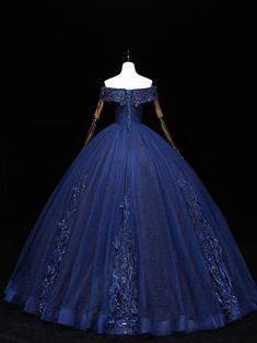 Royal Blue Ball Gown For Quinceanera During Prom Season, Blue Embellished Ball Gown With Fitted Bodice, Quinceanera Ball Gown With Sweep Train, Blue Tulle Ball Gown For Wedding, Blue Tulle Floor-length Ball Gown, Blue Embellished Ball Gown For Prom Season, Blue Embellished Ball Gown For Prom, Blue Tulle Gown For Quinceanera, Embellished Blue Ball Gown For Prom