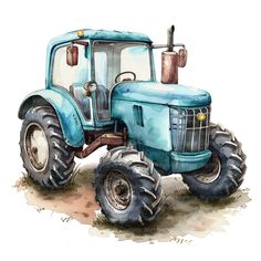 a drawing of a blue tractor with big tires