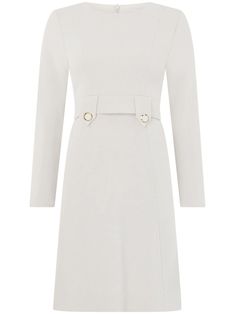 beige wool crepe texture concealed rear zip fastening round neck panel detailing inset waistband decorative button detailing knee-high Elegant Long Sleeve Neutral Mini Dress, Tailored Beige Dress For Work, Beige Mini Dress For Winter Workwear, Beige Winter Mini Dress For Work, Cream Mini Length Work Dresses, Fitted Cream Midi Dress For Work, Elegant Neutral Mini Length Dress, Cream Knee-length Workwear Dresses, Chic Workwear Dress With Concealed Placket