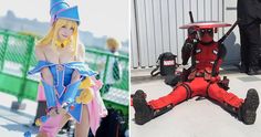 two photos side by side one has a man in a costume and the other has a woman dressed up