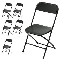 six folding chairs with black plastic seats on each side and four different sizes to choose from