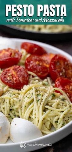 pasta with tomatoes and mozzarella in a white bowl