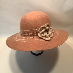 BETTINA ITALY Tan Wool Hat Crochet Flower Wide Brim Felted BoHo Hippie Prairie Felted wool hat in excellent condition Crochet and sequin flower detail Sewn wool swirl banded 1# 29 Wool Brimmed Hat For Spring, Spring Wool Brimmed Hat, Spring Brown Wool Hat, Fitted Beige Felt Hat For Spring, Wool Hats For Spring, Spring Brown Wool Felt Hat, Handmade Beige Hat For Fall, Spring Wool Felt Hat, Spring Fitted Wool Felt Hat