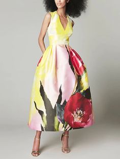 Elegant Floral V Neck Sleeveless Midi Dress Floral Cocktail Dress Wedding Guest, Funky Elegant Outfit, Elegant Multicolor A-line Sleeveless Dress, Floral Print V-neck Cocktail Dress, Spring V-neck Sleeveless Cocktail Dress, V-neck Floral Print Dress For Cocktail, Spring Printed V-neck Sleeveless Dress, Floral Print A-line Midi Dress With Fitted Bodice, Printed V-neck Sleeveless Dress For Spring