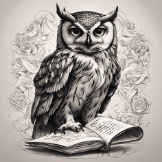 an owl sitting on top of an open book with roses around it and the eyes are wide open