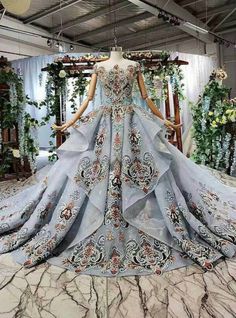 Gray Ball Gown, Wedding Dress With Long Train, Dress With Long Train, Haute Couture Wedding Dress, Floor Length Wedding Dress, Sleeve Embroidery, Fantasy Gowns, Fairytale Dress, Luxury Wedding Dress