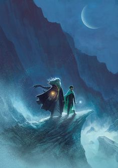 two people standing on top of a mountain in front of a giant wave at night