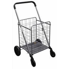 a metal shopping cart with wheels and basket