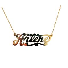 "Vintage 14K Yellow Gold \"Arlene\" Script Name Plate Necklace - The name measures 1.5\" wide and .5\" tall. Weight: 2.85 grams  Length of chain: 16\"" Gold Sterling Silver Name Necklace With Polished Finish, Gold Polished Sterling Silver Name Necklace, Custom Gold Sterling Silver Necklace With Polished Finish, Gold Polished Nameplate Necklace, Gold Nameplate Necklace Stamped 14k, Gold Polished Nameplate Jewelry, Custom Gold Necklace With Polished Finish For Anniversary, Gold Custom Necklace With Polished Finish For Anniversary, Custom 14k Gold Nameplate Necklace