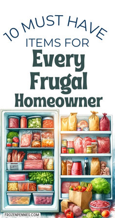 a refrigerator with the words 10 must have items for every frugal homeowner