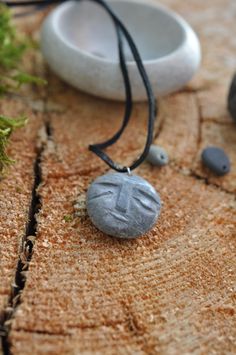 a stone with the letter e on it is sitting next to other rocks and plants