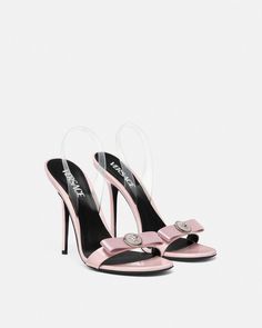 Gianni Ribbon Slingback Sandals 4.3" / 110 mm Pink | VERSACE US Pink Versace Heels, Versace High Heels, Versace Outfit Women, Pink And Black Heels, Heels Versace, Designer Sandals Flat, Pink Versace, Versace Heels, Glamourous Heels