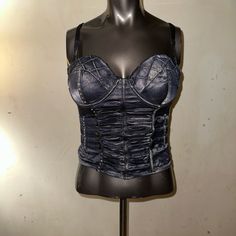 Nwot But It’s Brand New. I Got It Without Tags. Y2k Satin Sheen Denim Material With Rhinestones Size Medium. Has Adjustable Straps (Use Button Or Notwill Hook In Back Of Cup Like Bra) Can Go Without Straps Too With Padded Underwire Cups And Hook And Eye Closure In The Back. Very Stretchy And Should Fit Cup Size B/C. Stretches Another Inch Or More! Nicer In Person! Feel Free To Ask Questions. Made From Cotton/Polyester/Spandex. Fitted Denim Party Top, Fitted Y2k Denim Blue Top, Denim Corset For Night Out, Trendy Denim Corset For Night Out, Fitted Dark Wash Corset, Undershirt Tank Top, Small Tank Tops, Stage Outfit, Denim Corset