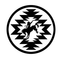 a black and white image of a cowboy riding a horse in the center of a circle