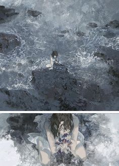 two pictures of a woman in the water