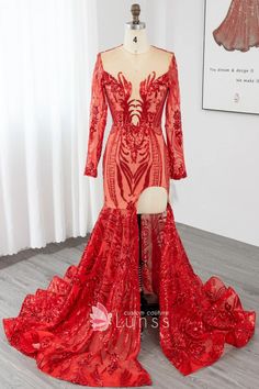 sparkly red abstract sequin high slit mermaid prom dress American Prom, Design Your Own Dress, Glitter Prom Dress, Prom Dress Trends, Prom Dress With Train, Dress Train, Military Ball Dresses, Mermaid Prom Dress, Long Sleeve Prom