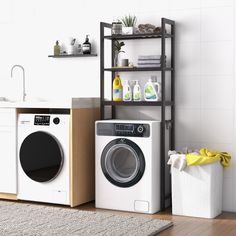 a washer and dryer sitting next to each other in front of a shelf