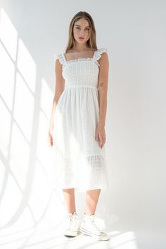 Specifications: Eyelet Details Color: White Flutter Sleeves Midi Length Solid Midi Dress, Sleeveless Midi Dress, Sleeve Midi Dress, Midi Dress With Sleeves, Fashion Fits, White Midi Dress, White Crochet, Midi Dress Sleeveless, Dress Size Chart