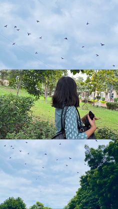 three different shots of birds flying in the sky above trees and grass, with one person holding a camera