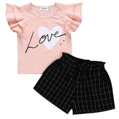 Gender Girls Age 12-24 Months, 2-4 Years Pattern Checked, Letters Fabric Cotton Blend Season High Summer Casual Pink Ruffled Sets, Playful Black Sets For Spring, Playful Black Spring Sets, Cute Black Playwear Sets, Girls Pjs, Girls Summer Outfits, Jeans Kids, Flutter Sleeve Top