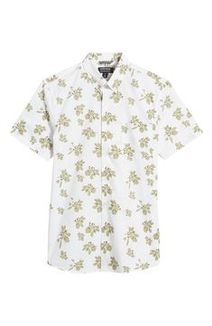 Scattered flowers invite relaxing breezes in a cotton-blend shirt that wicks away sweat and offers plenty of stretch for comfort in the sun. 30" length; 42" chest (size Medium) Front button closure Button-down collar Short sleeves Chest patch pocket 78% cotton, 15% CoolMax® polyester, 7% spandex CoolMax polyester moisture-wicking fabric for dryness and comfort in the heat Machine wash, tumble dry Made in Turkey White Cotton Nordstrom Tops, Nordstrom White Cotton Tops, Nordstrom Cotton Summer Tops, Nordstrom Cotton Short Sleeve Tops, Scattered Flowers, Floral Short, Tropical Floral, Button Down Collar, Wicks