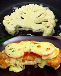 two pictures of different types of food cooking in a skillet and on the same plate