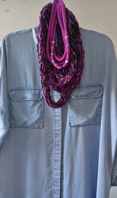 Purple Aubergine and Pink Long Skinny Finger Knitted Infinity Scarf Necklace  £10.50 Quirky Christmas Gifts, Knitted Infinity Scarf, Sparkle Yarn, Dark Magenta, Finger Knitting, I Cord, Lace Wrap, Thick Yarn