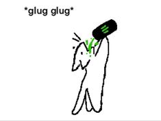 a drawing of a person with a bottle in his hand and the words guug glug on it